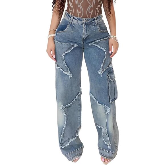 Women's Y2K Baggy Cargo Jeans High Waist Ripped Star Tassel Denim Pants - Picture 1 of 6